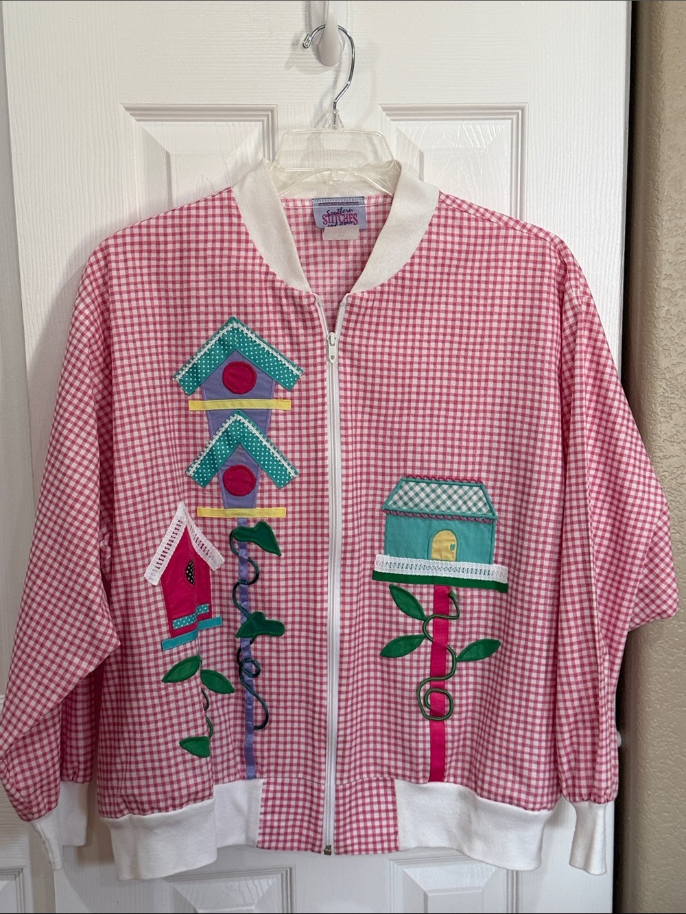 Southern Stitches Pink Gingham Birdhouse Zip-Up Jacket size XL